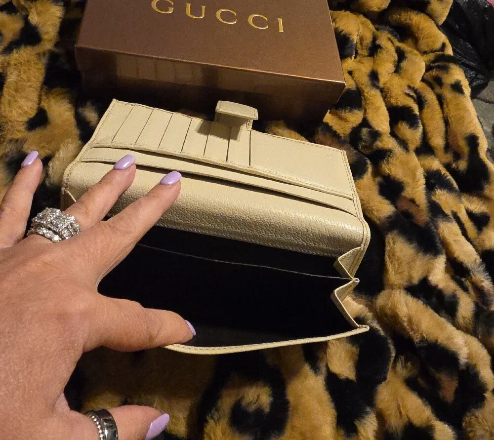 Gucci Beige GG Monogram Continental Wallet with Gold Accent